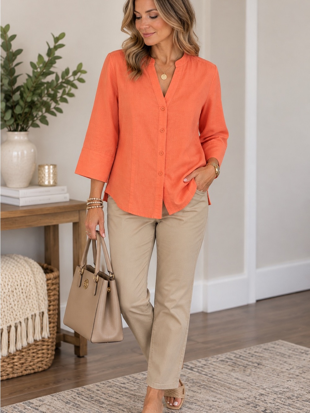 Harve Benard Coral Orange Button-Front V-Neck Blouse
